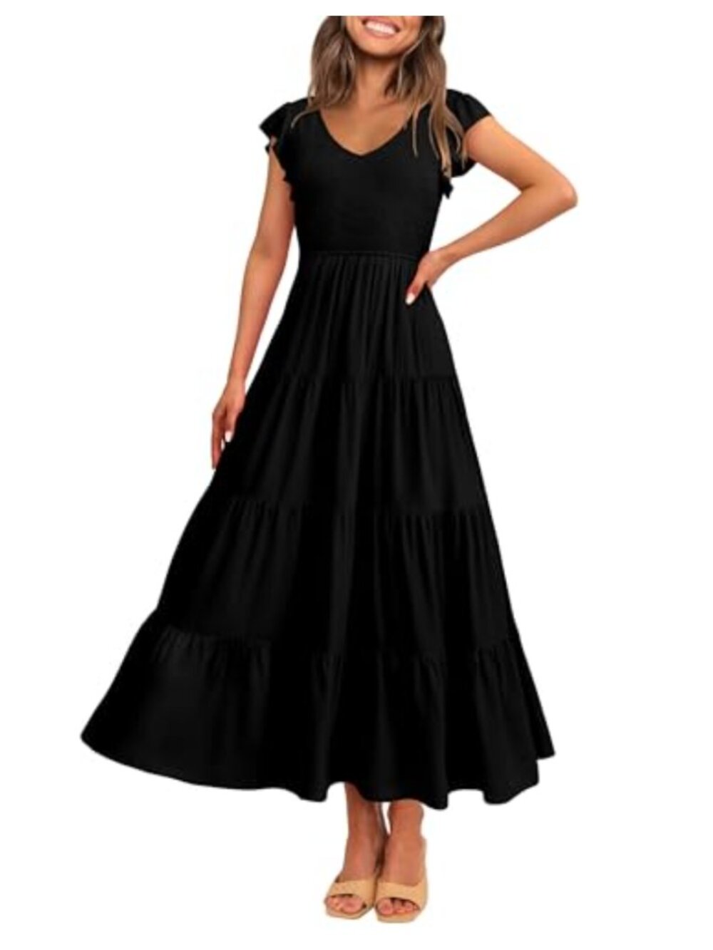 Flowy Maxi Dress V-Neck Ruffle Cap Sleeve Smocked A-Line Rayon